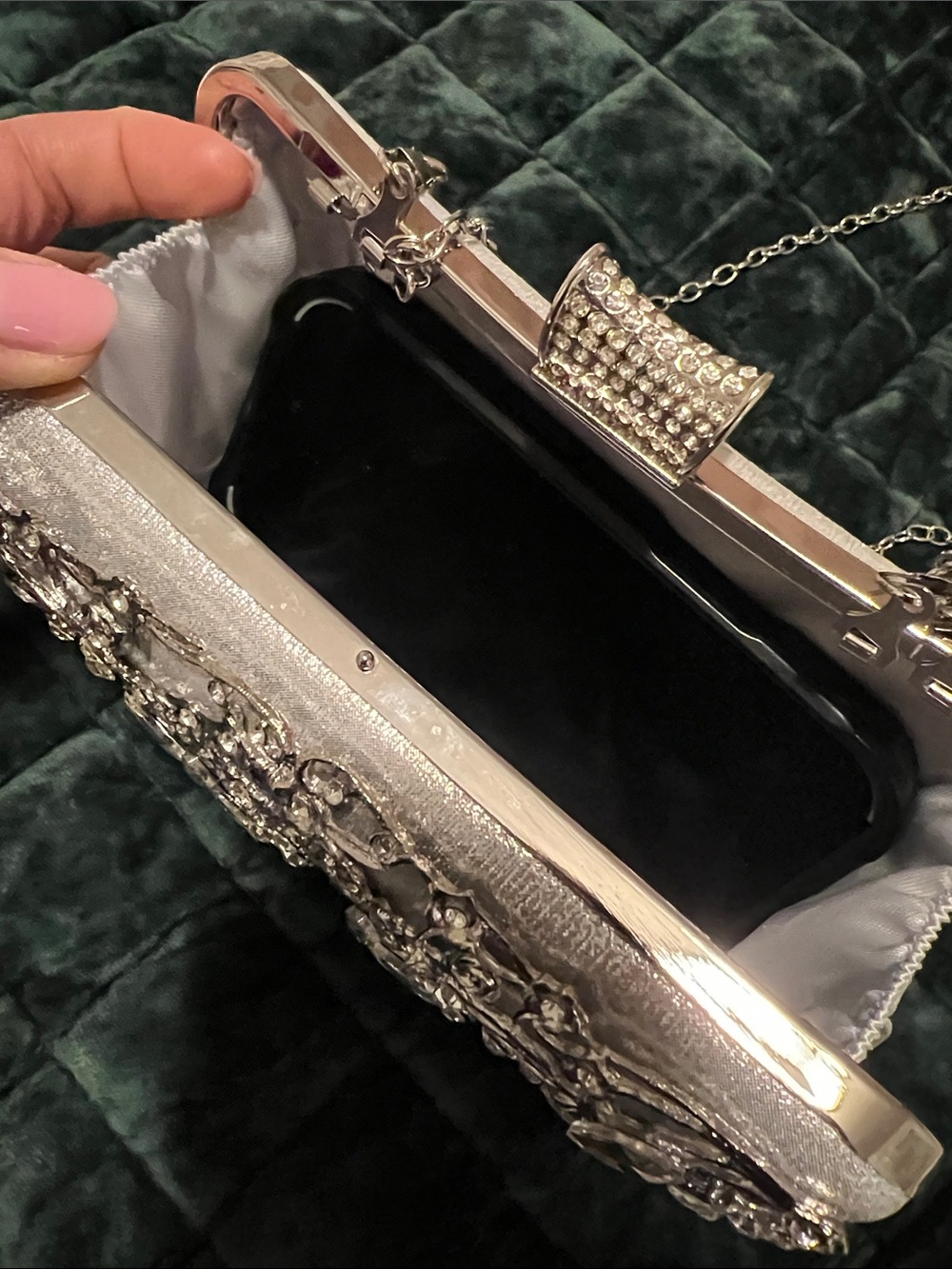 Silver Jeweled Evening Clutch with Chain Strap - Picture 3 of 4